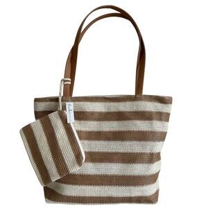Hadley Wren Mira Tote Bag Beige Stripe Colorway Zipper Top & Bonus Wristlet NEW